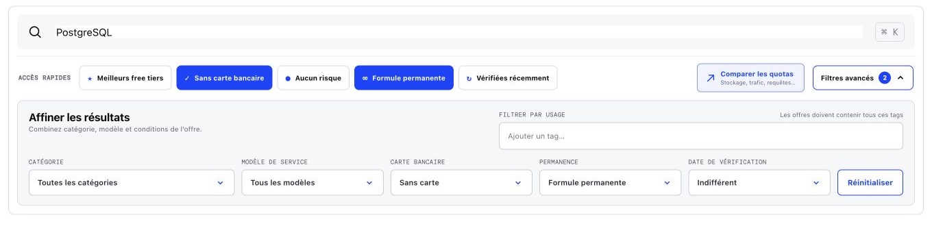 Filtres rapides et avancés appliqués au catalogue GratuitPourLesDevs