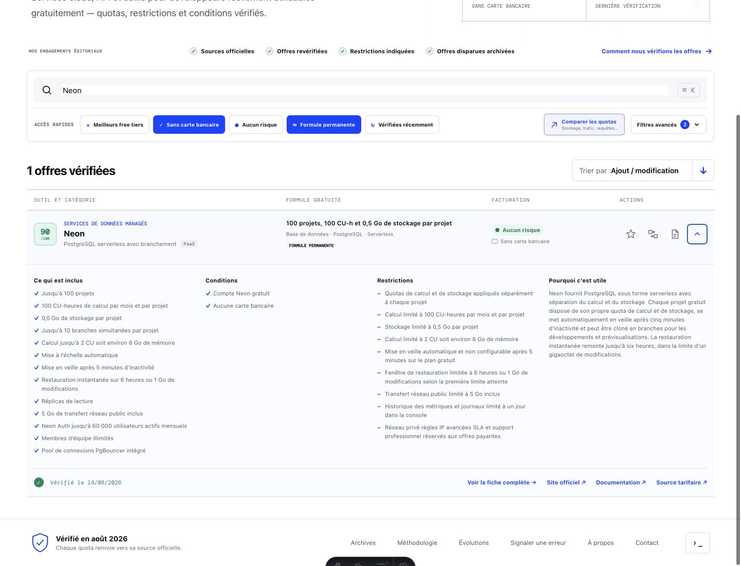 Résultat Neon déplié montrant les informations à lire avant de choisir une offre